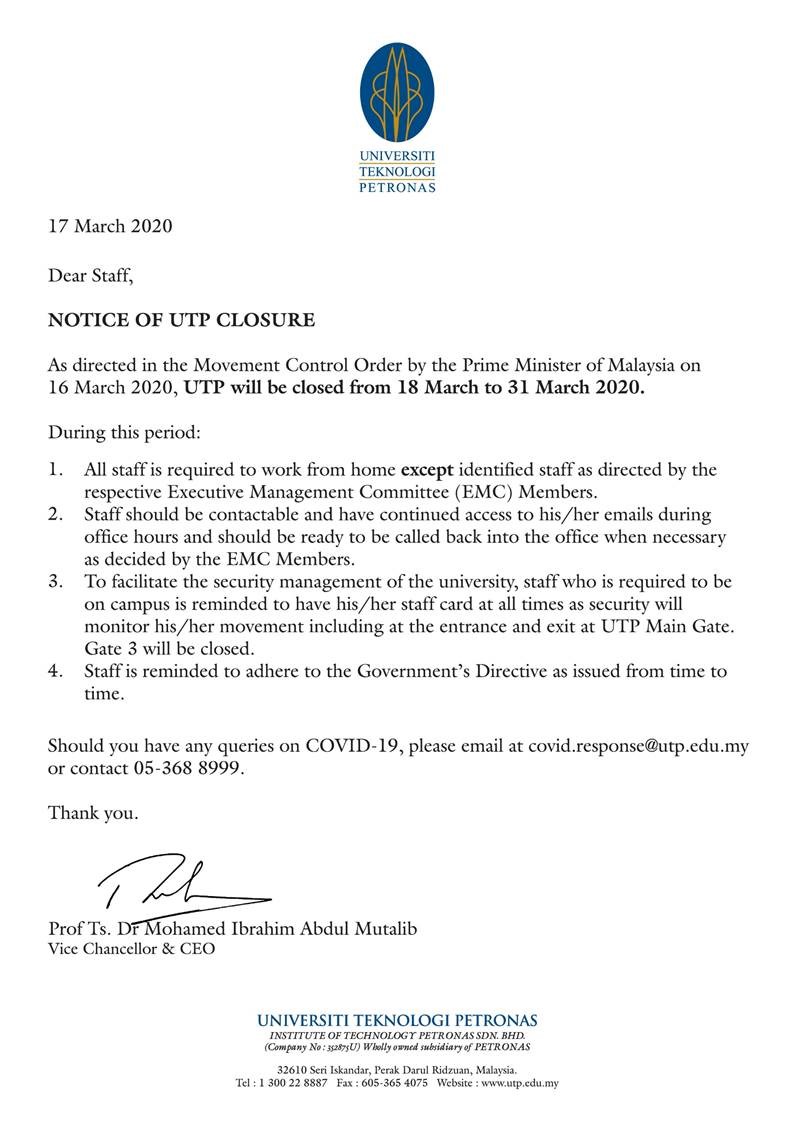 COVID-19 - Notice of UTP Closure for Staff.jpg