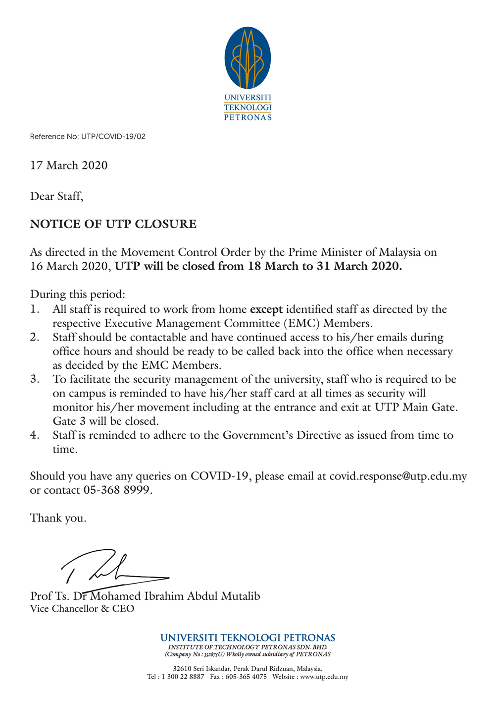 COVID-19 - Notice of UTP Closure for Staff.jpg